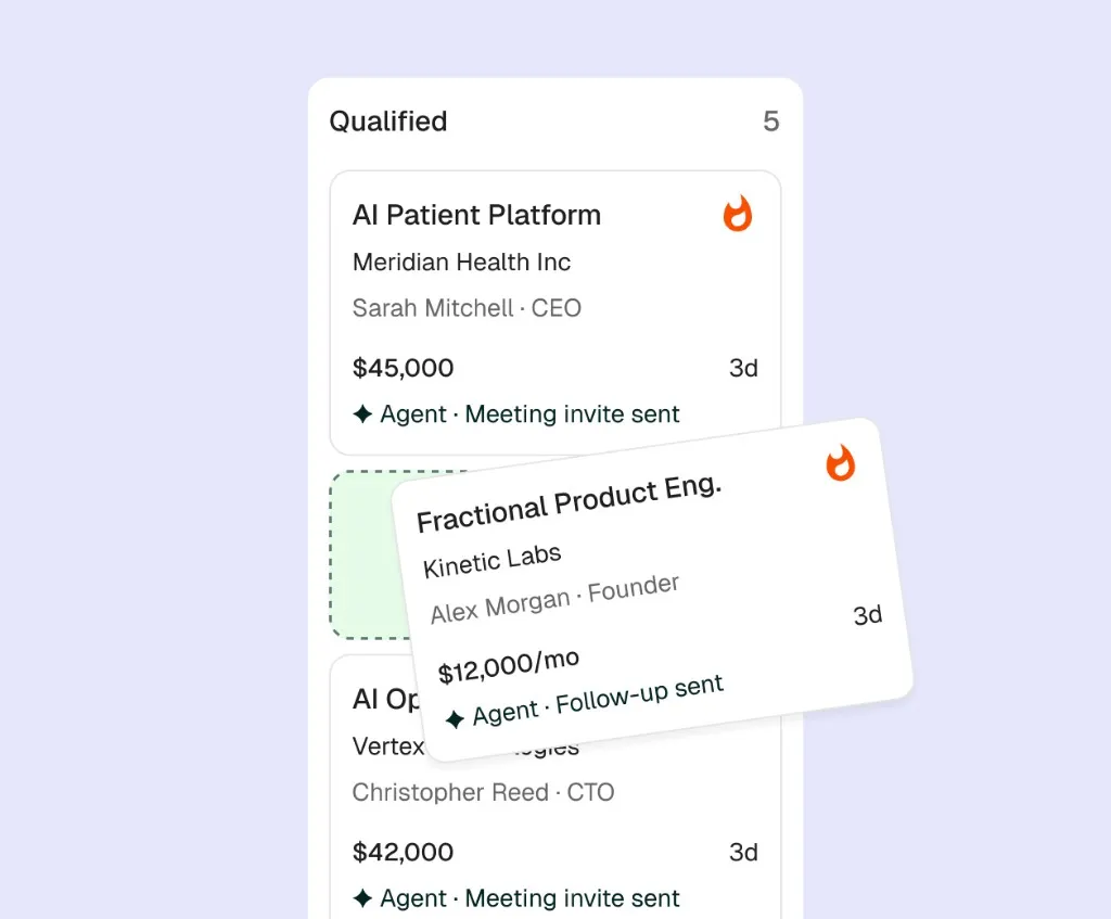 A Qualified pipeline column with deal cards, one being moved, each marked by an agent action