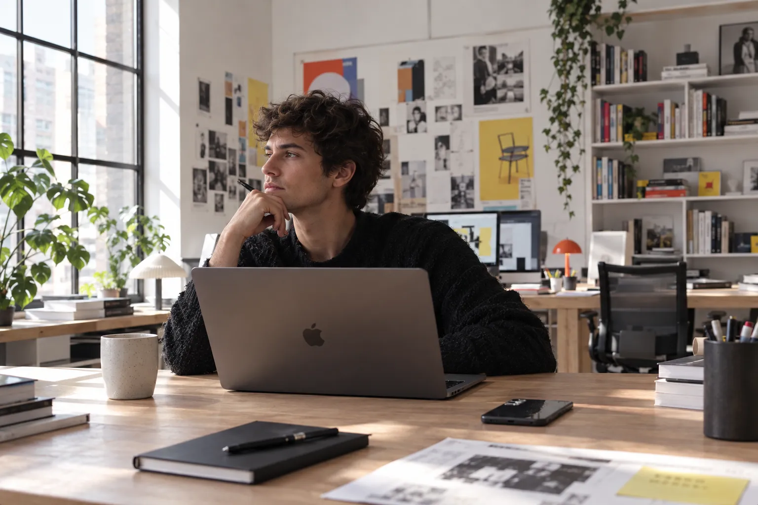 A designer at a sunlit studio desk, looking out the window beside an open laptop
